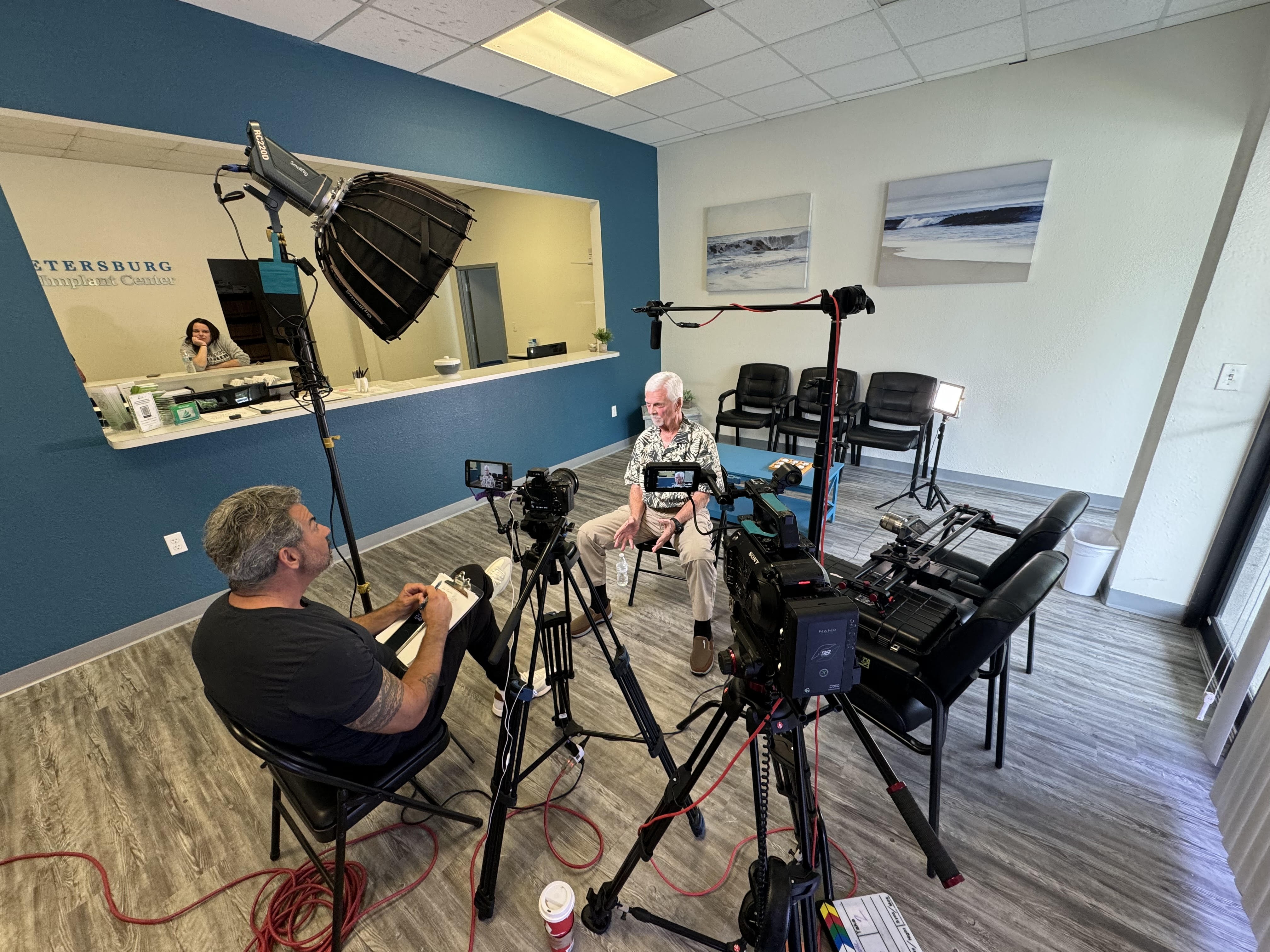 Professional interview setup with lighting and cameras